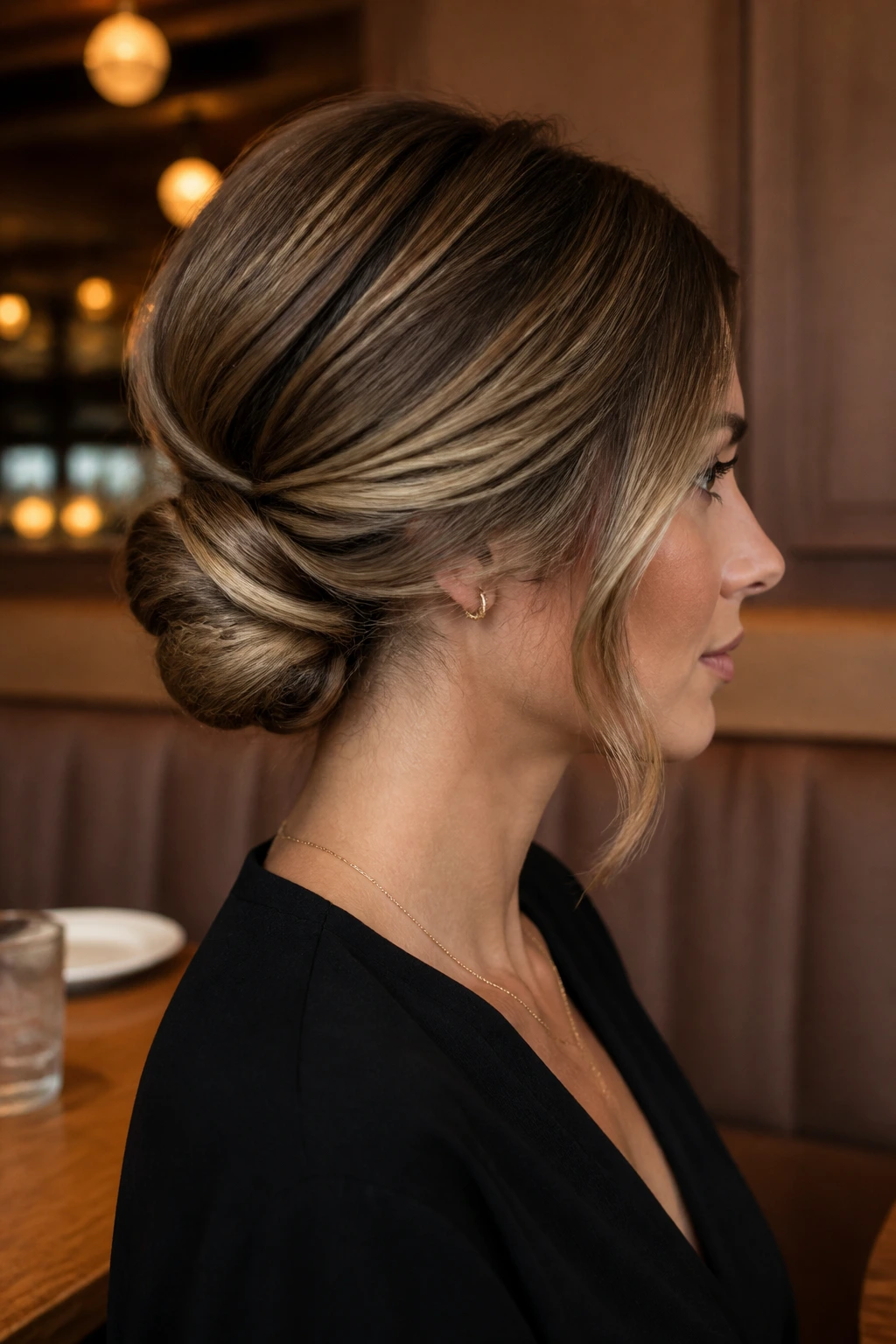 Close-up of twisted low chignon at the nape on a real person.