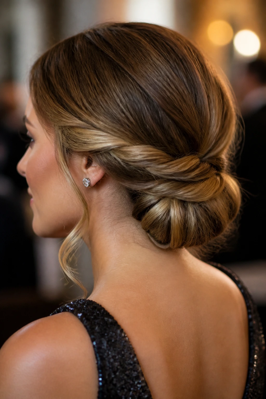 Close-up of a real woman with twisted low chignon at the nape in an elegant setting