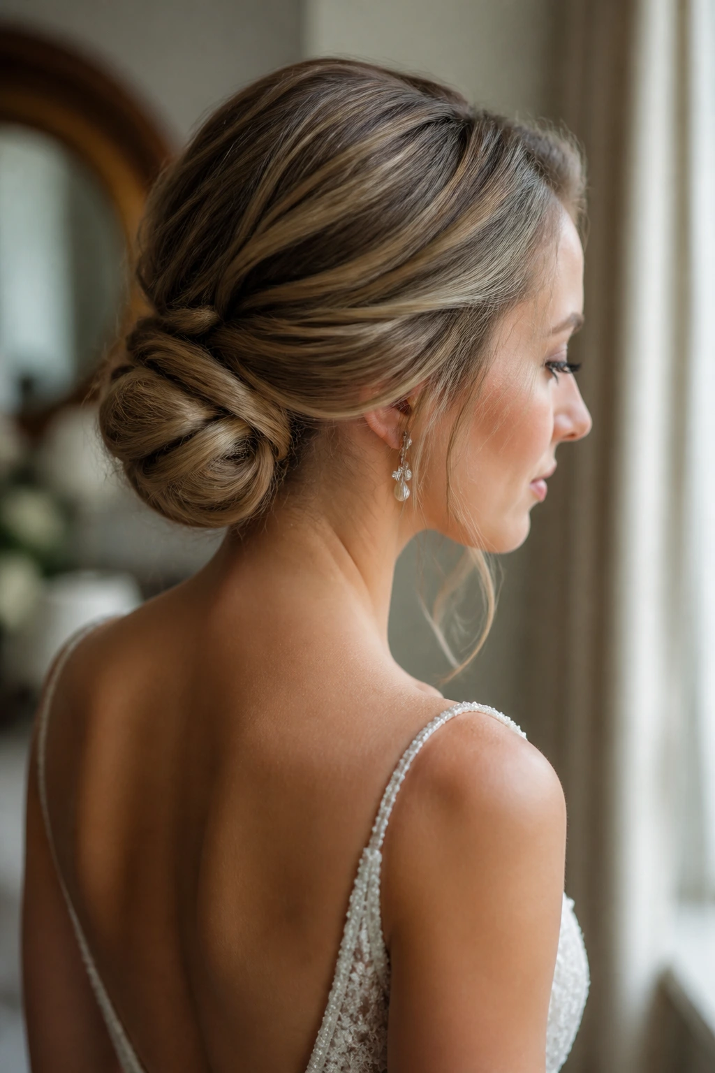 Close-up of twisted low chignon with hidden pins on a real bride