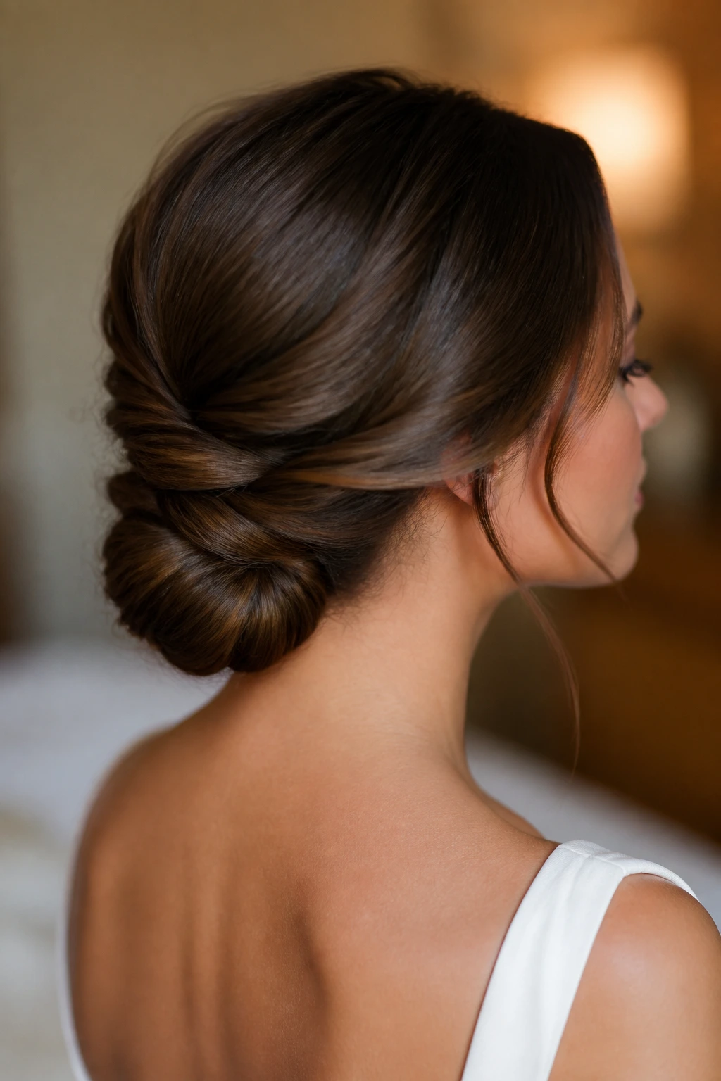 Real person with a twisted low chignon at the nape of the neck