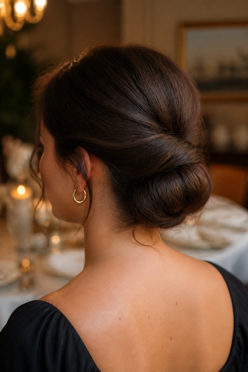 Close-up of a real woman with a low twisted chignon at the nape