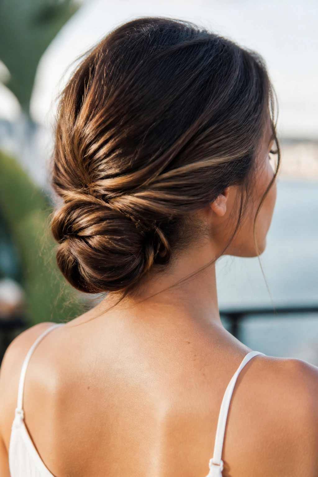Portrait of a woman with a twisted low chignon at the nape