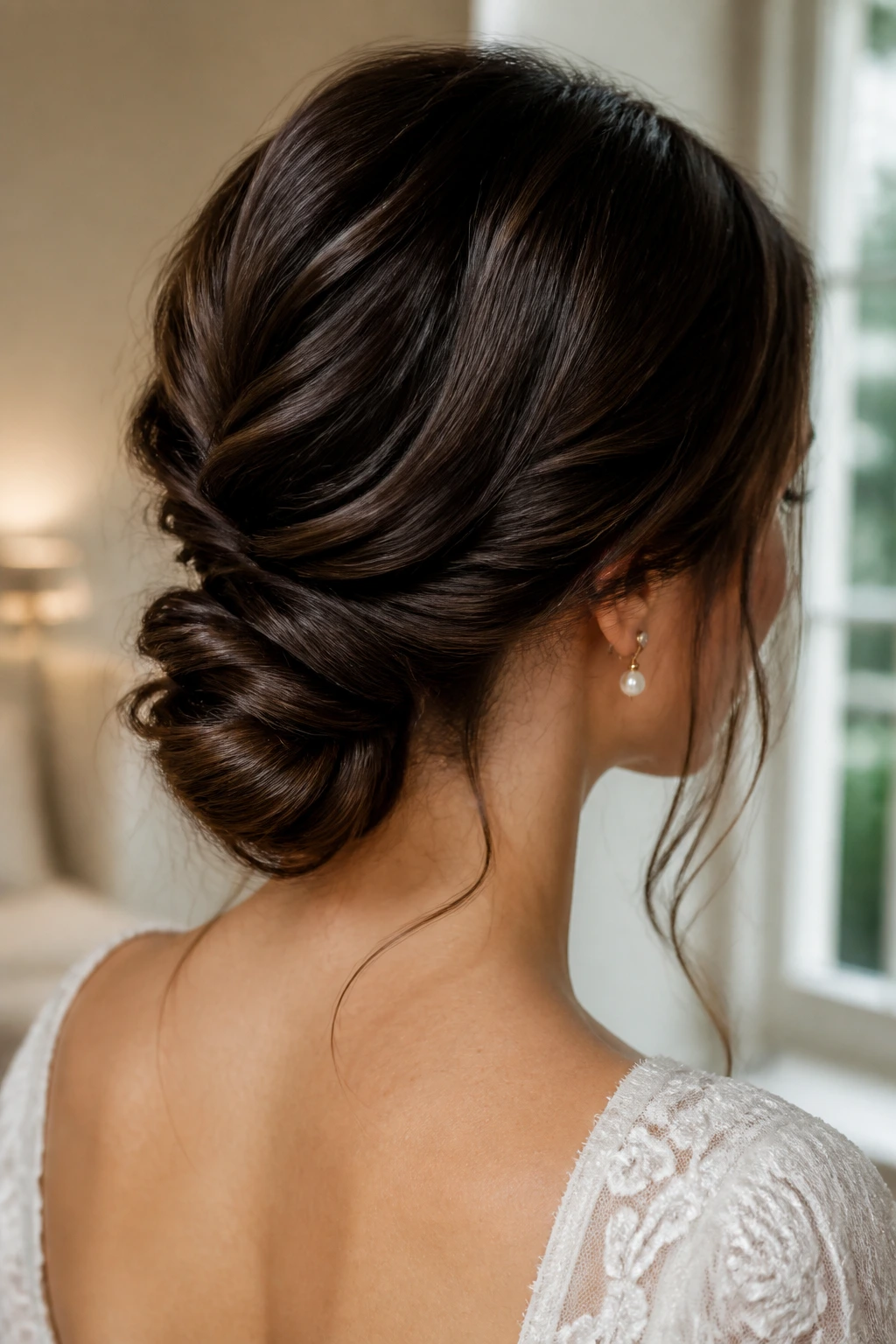 Bride wearing a soft twisted low knot at the nape, close-up headshot
