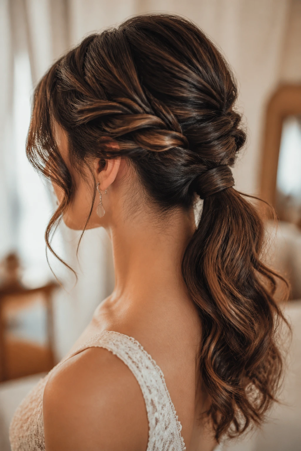 Close-up of a real bride's twisted low ponytail with two twists and wrapped base in soft window light