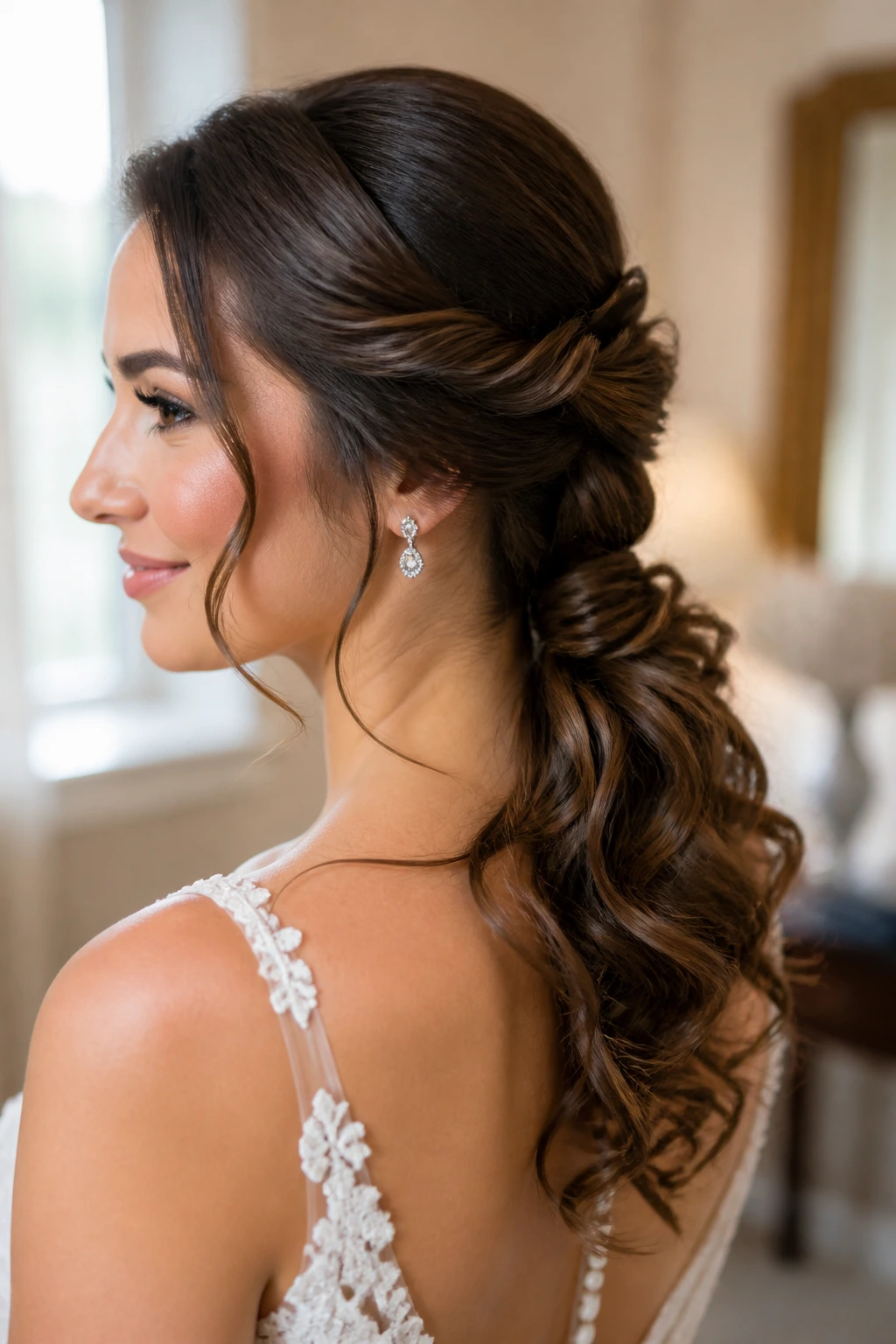 Bride with twisted low ponytail and curled tail in warm bridal room