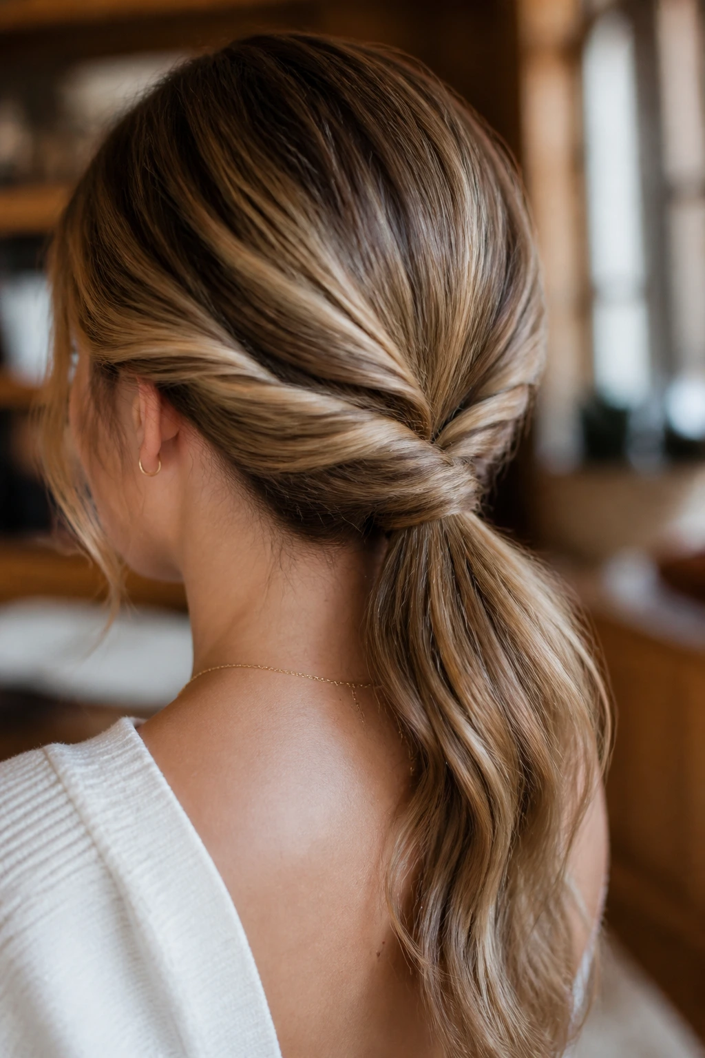 Close-up of a real woman with a twisted low ponytail in a sunlit room