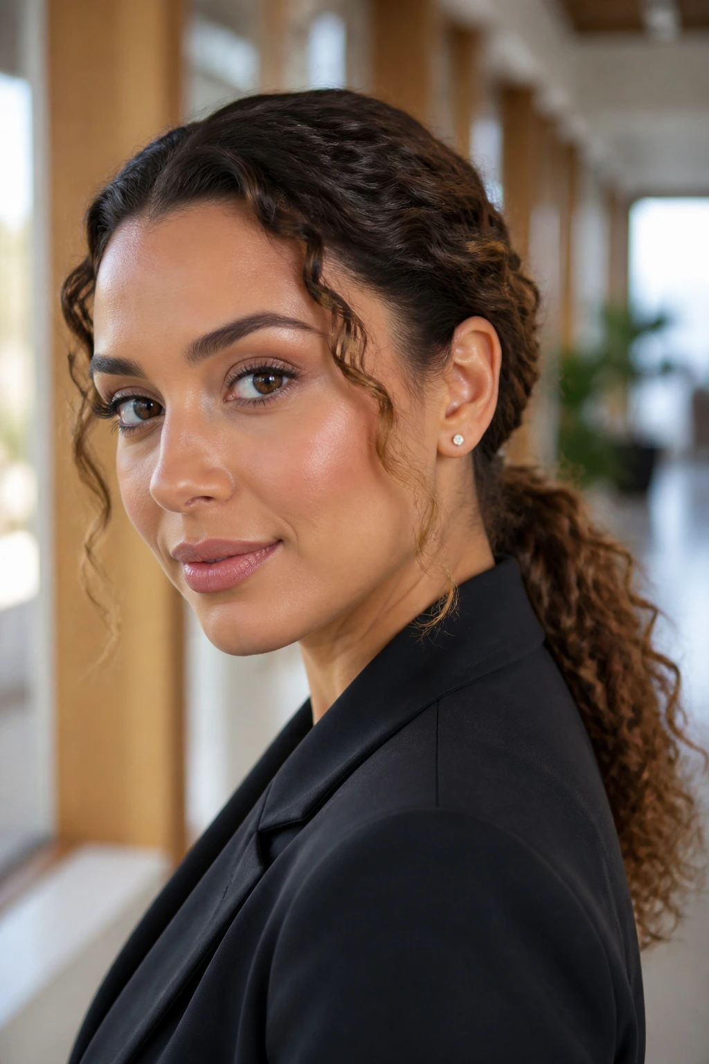 Woman with twisted front sections framing face, low ponytail