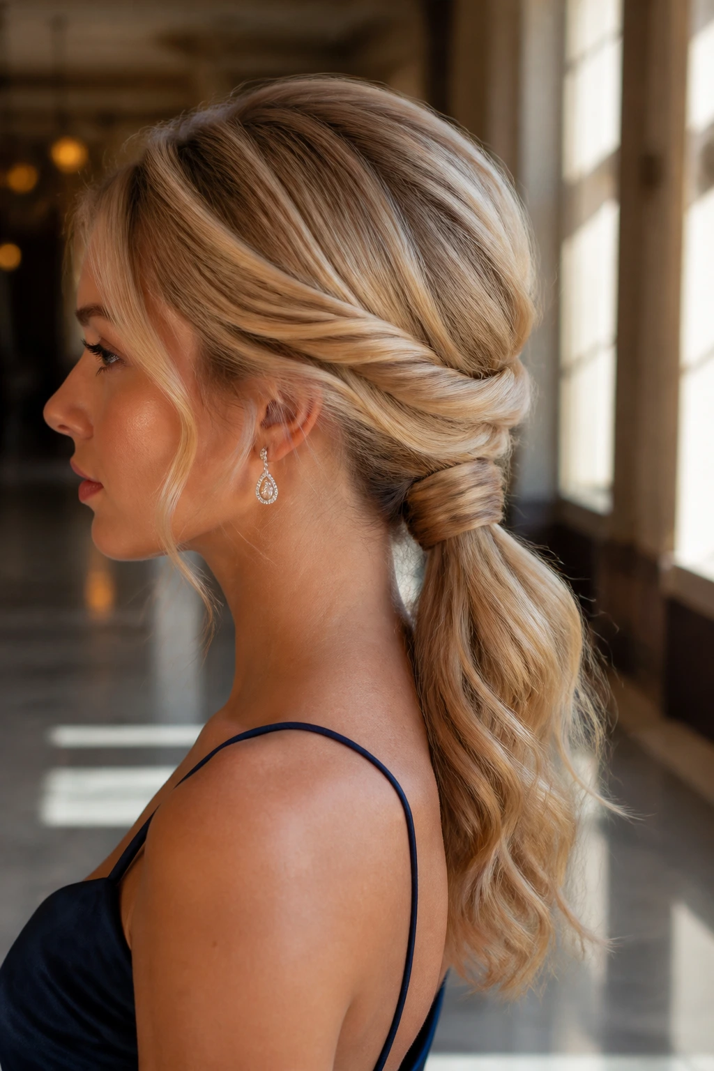 Twisted low ponytail with wrapped base on a real person