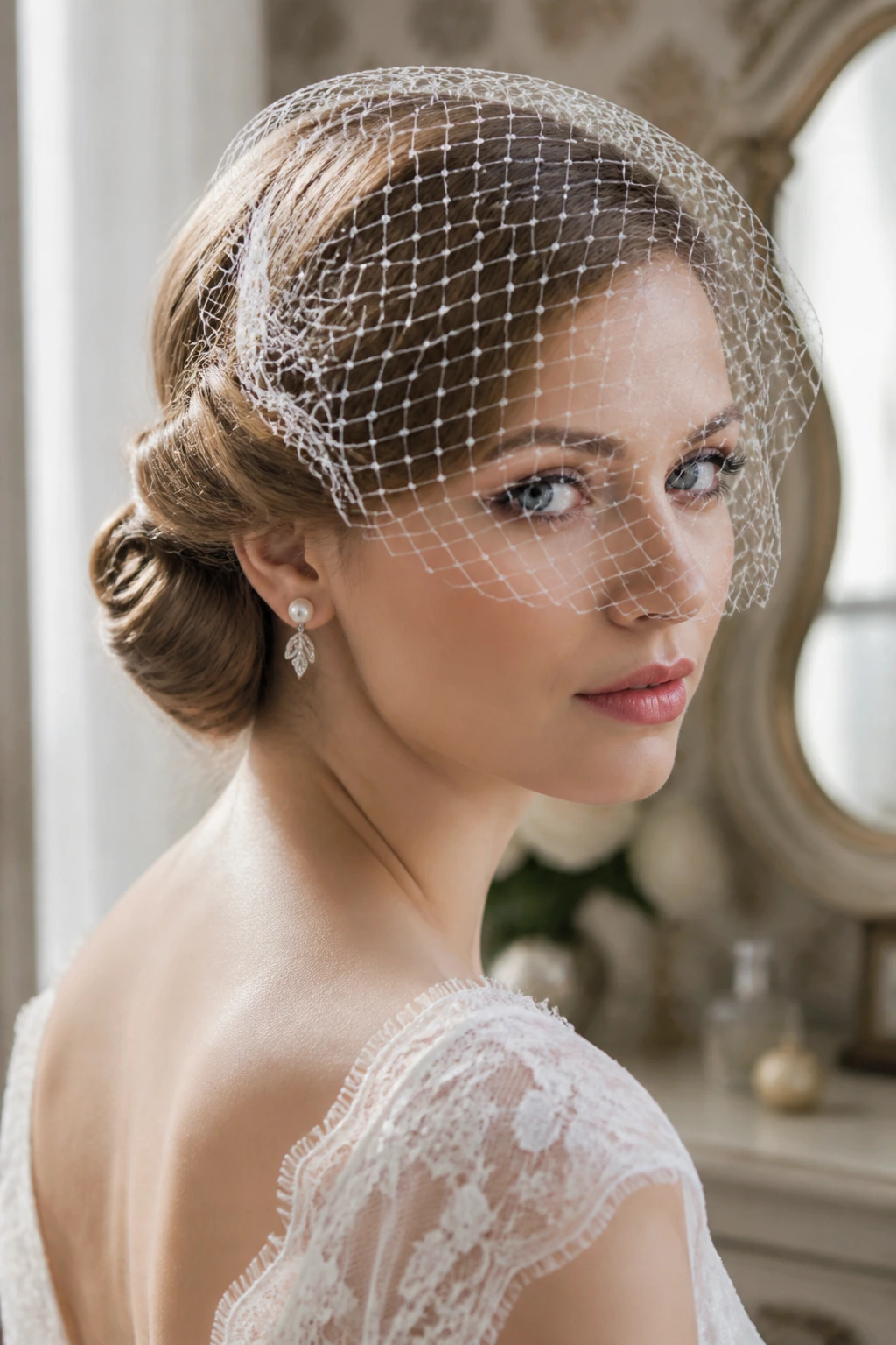 Close-up of a real bride with a twisted low roll and birdcage veil