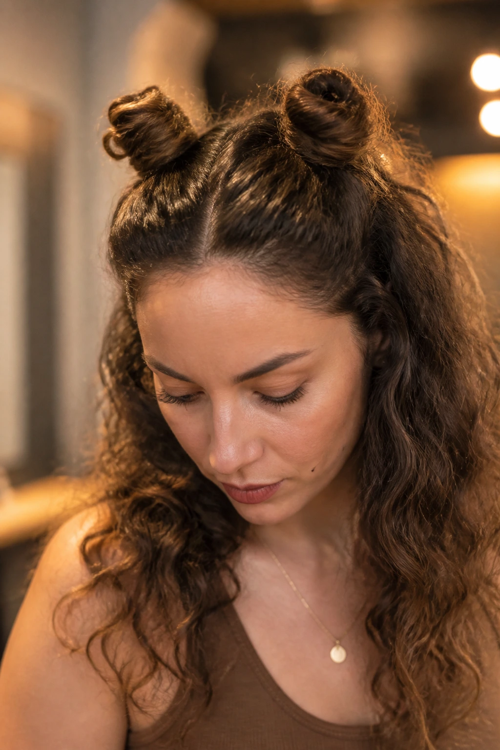 Close-up portrait of a real woman with two twisted mini buns at the crown
