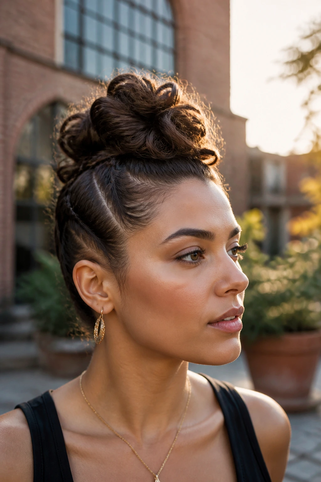 Close-up of a real woman with a twisted mohawk bun showing height on top
