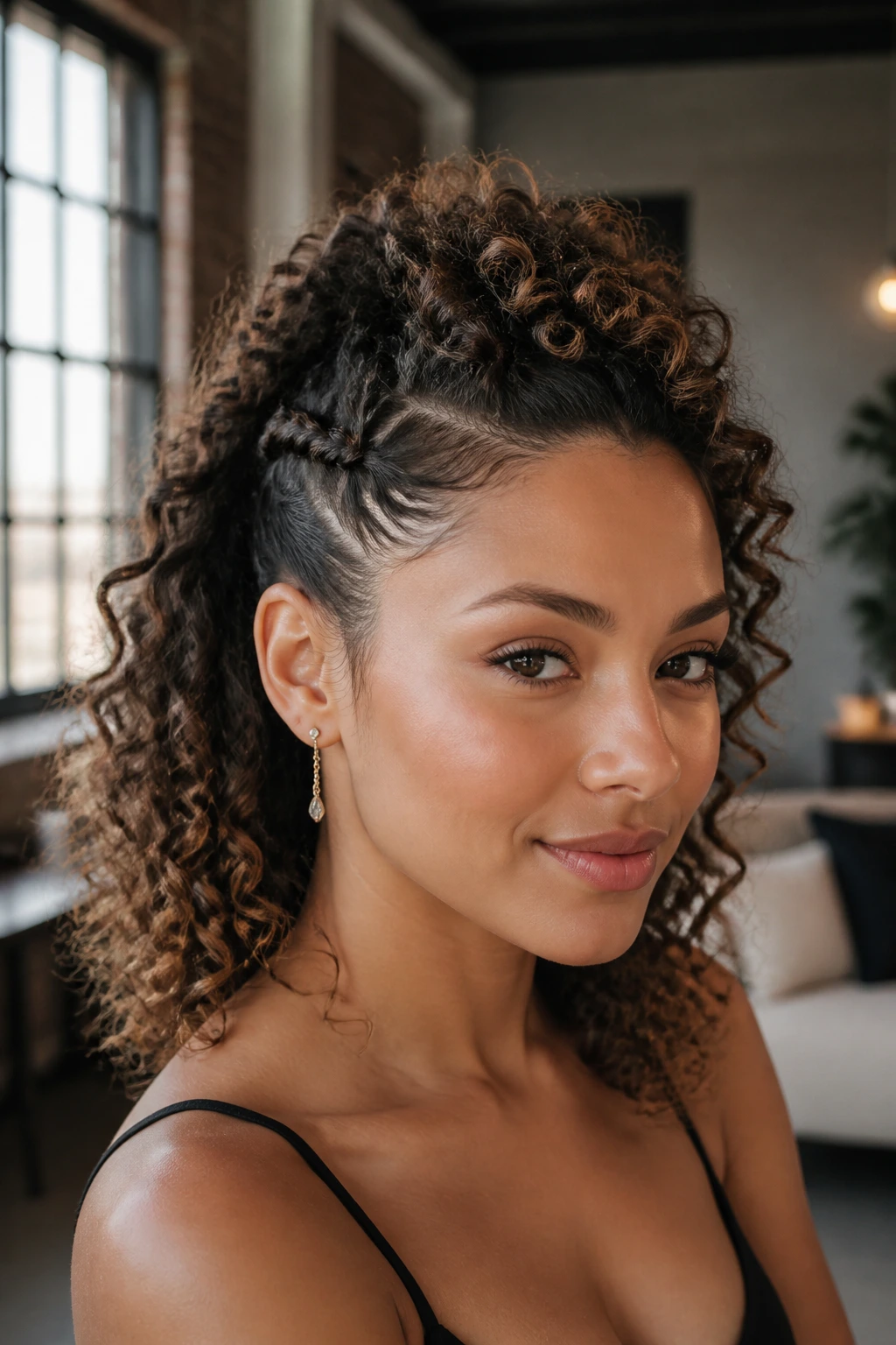 Twisted Mohawk Half-Up close-up portrait of a real woman with crown ridge of curls