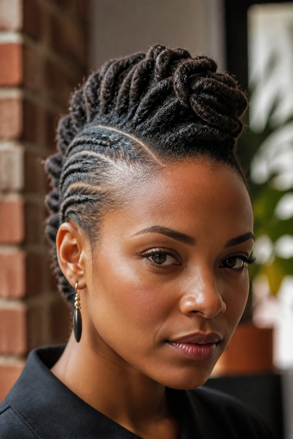 Close-up of a real person with a twisted mohawk and pin-smooth sides