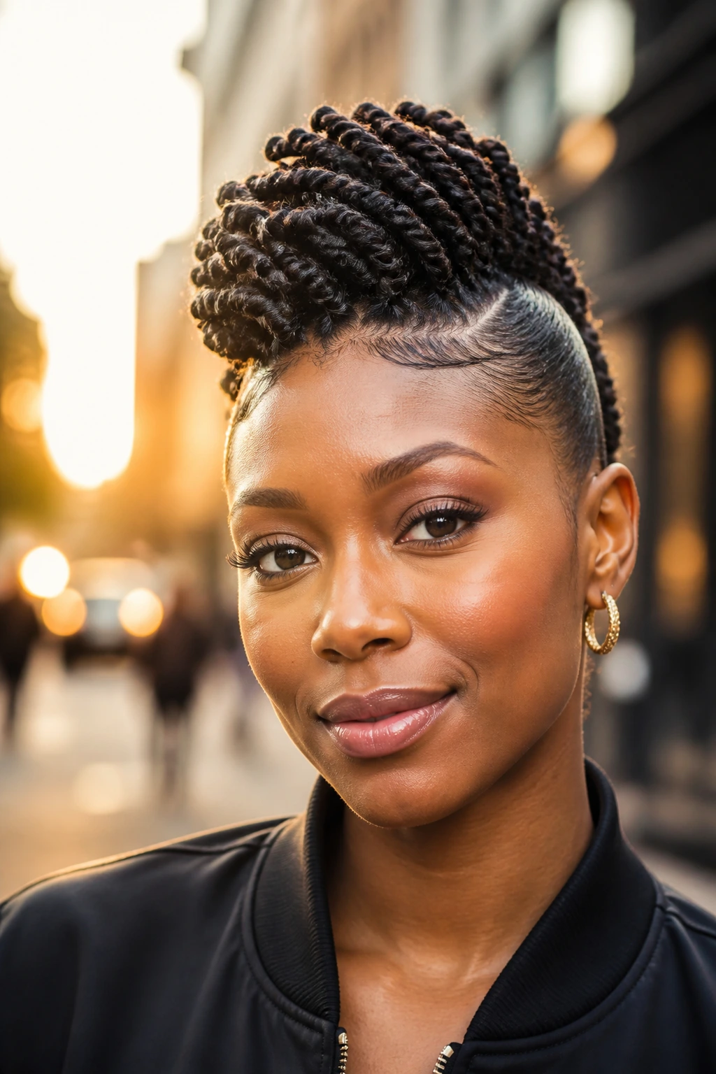 Close-up of a real person with a twisted mohawk and sleek sides