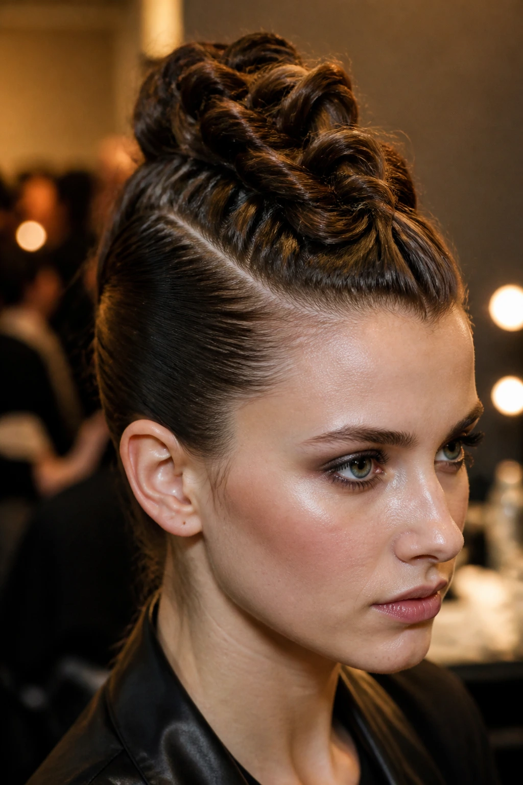 Close-up of a real woman with a twisted Mohawk updo featuring a raised center ridge