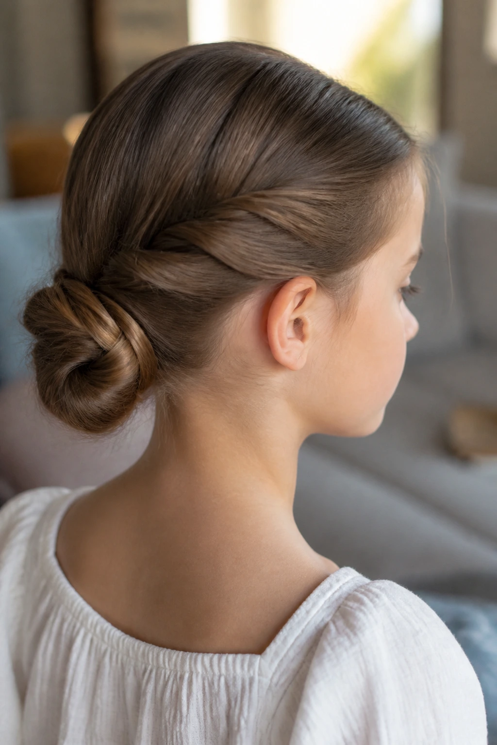 Low twisted nape bun on a real girl's head