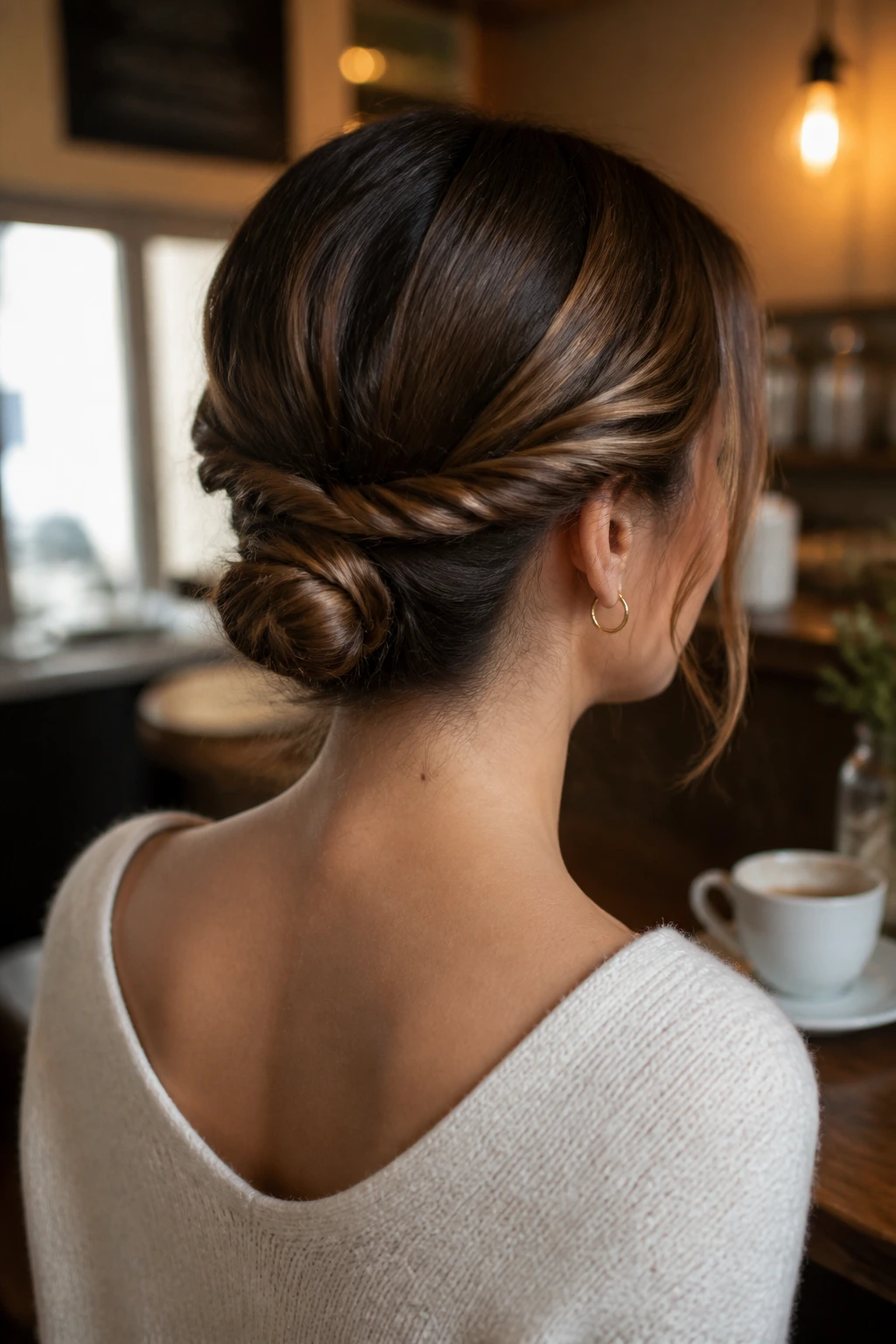 Rear-side portrait of a woman with two twists forming a nape bun