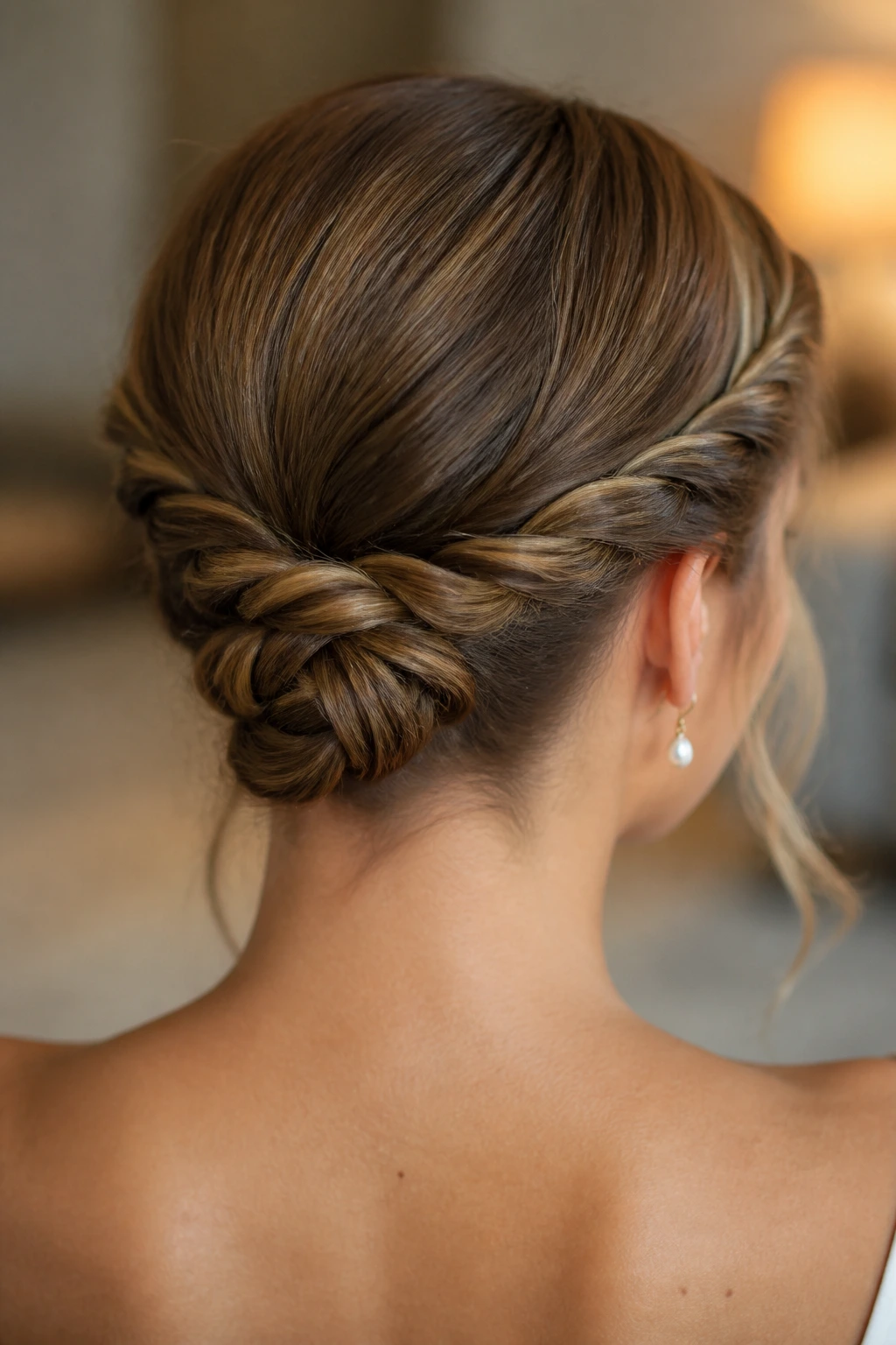 Close-up of twisted nape knot hairstyle on real person