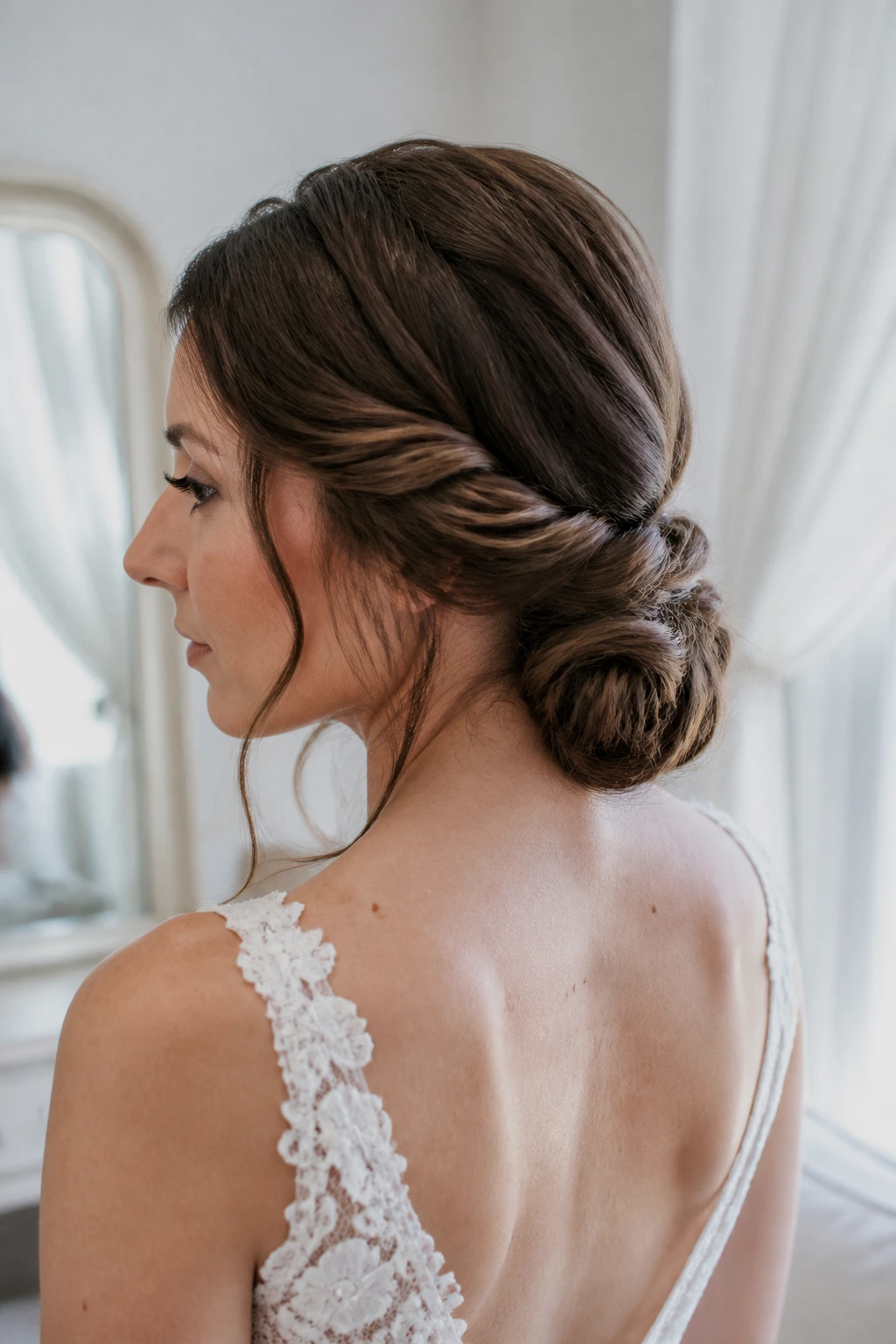 Bride with a soft twisted nape knot at the neck