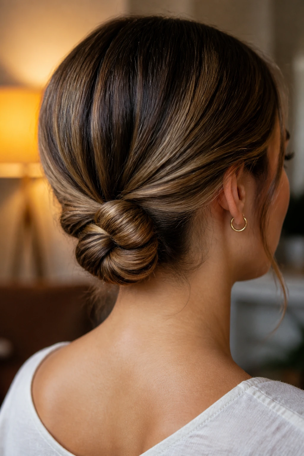 Back-of-head close-up of a real woman with a twisted nape knot at the nape