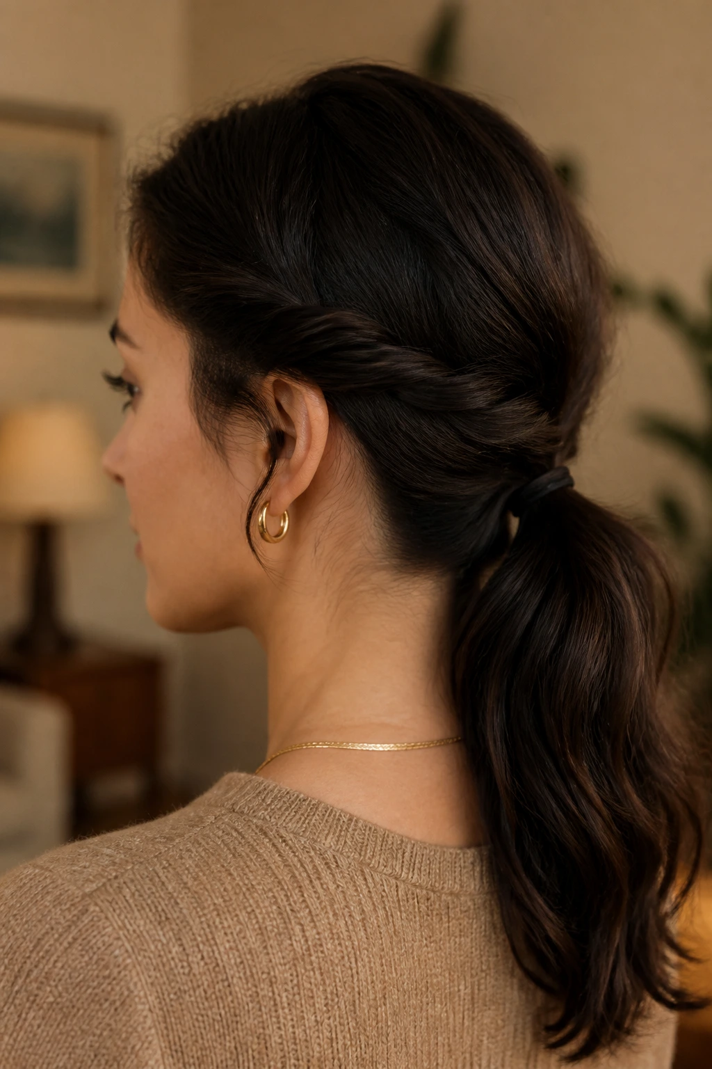 Close-up of a real woman with twisted nape ponytail