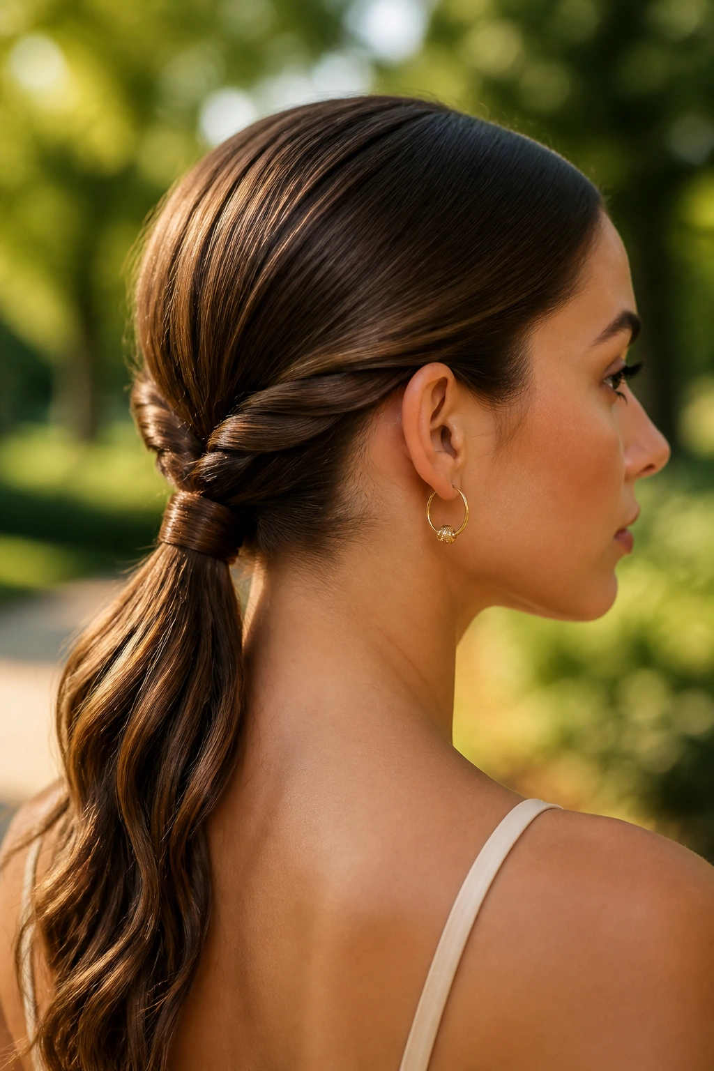 Close-up of a real woman wearing a twisted nape ponytail with a sleek front