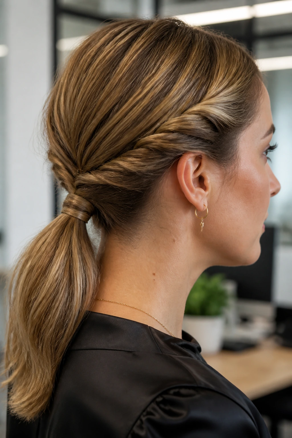 Portrait of a woman with twisted nape low ponytail in a modern office