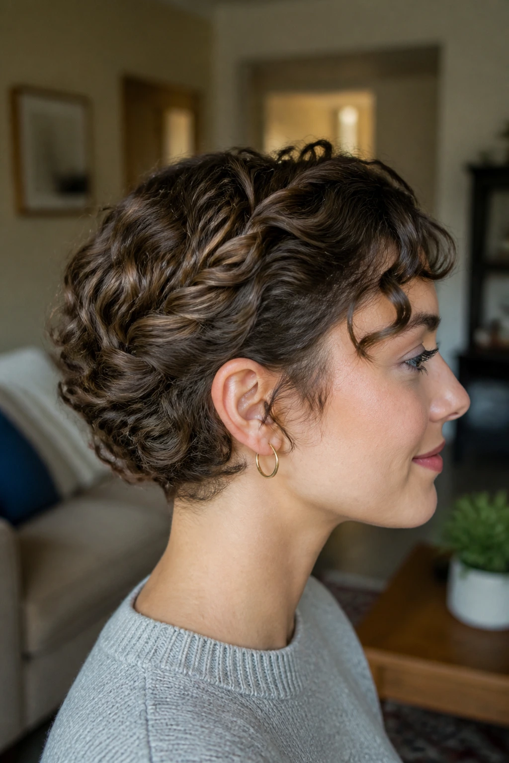 Side-profile of a real woman with twisted side sections tucked at the nape