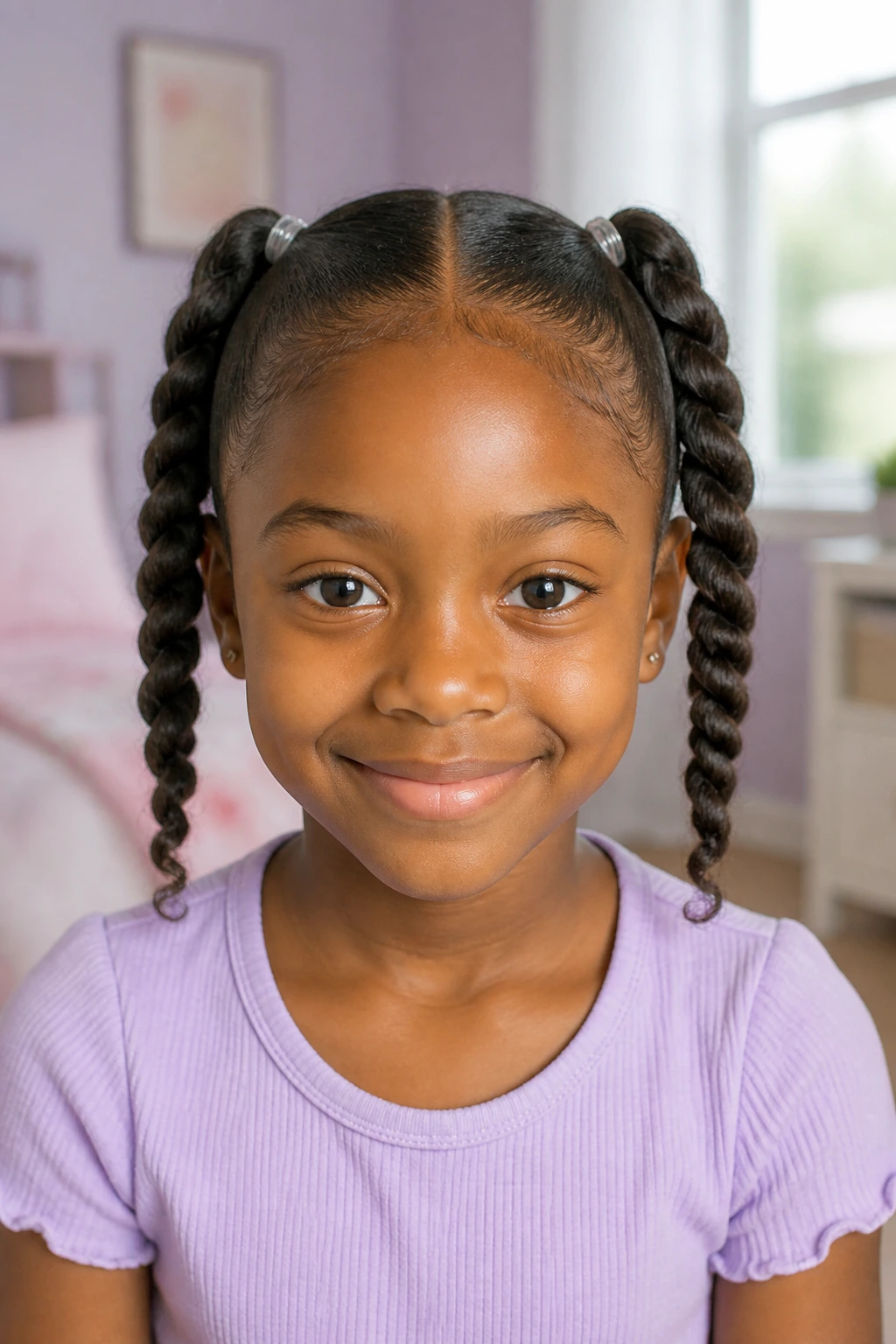 Close-up of a child with two symmetrical twisted pigtails in a sunlit bedroom.