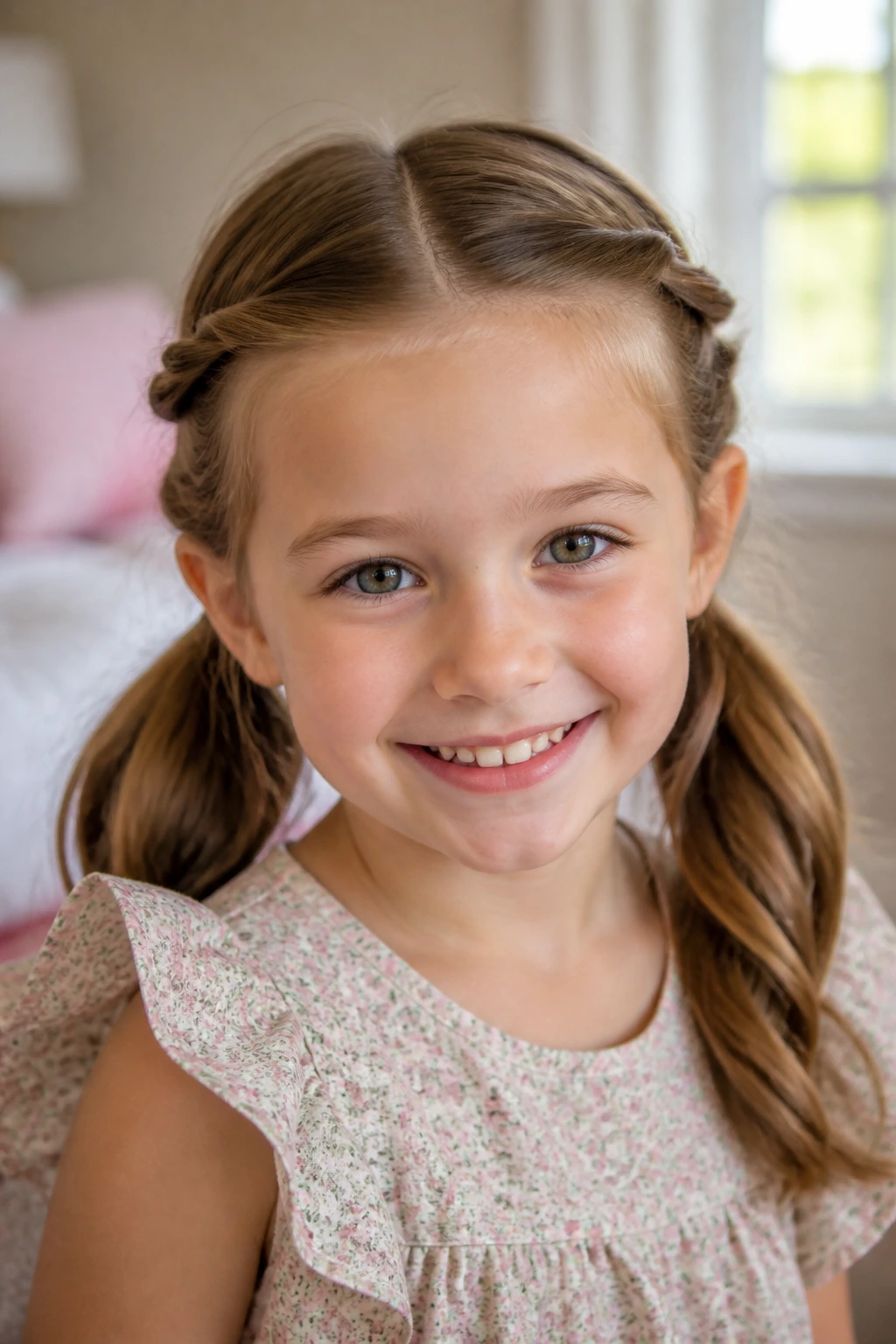 Close-up of a real girl with twisted pigtails
