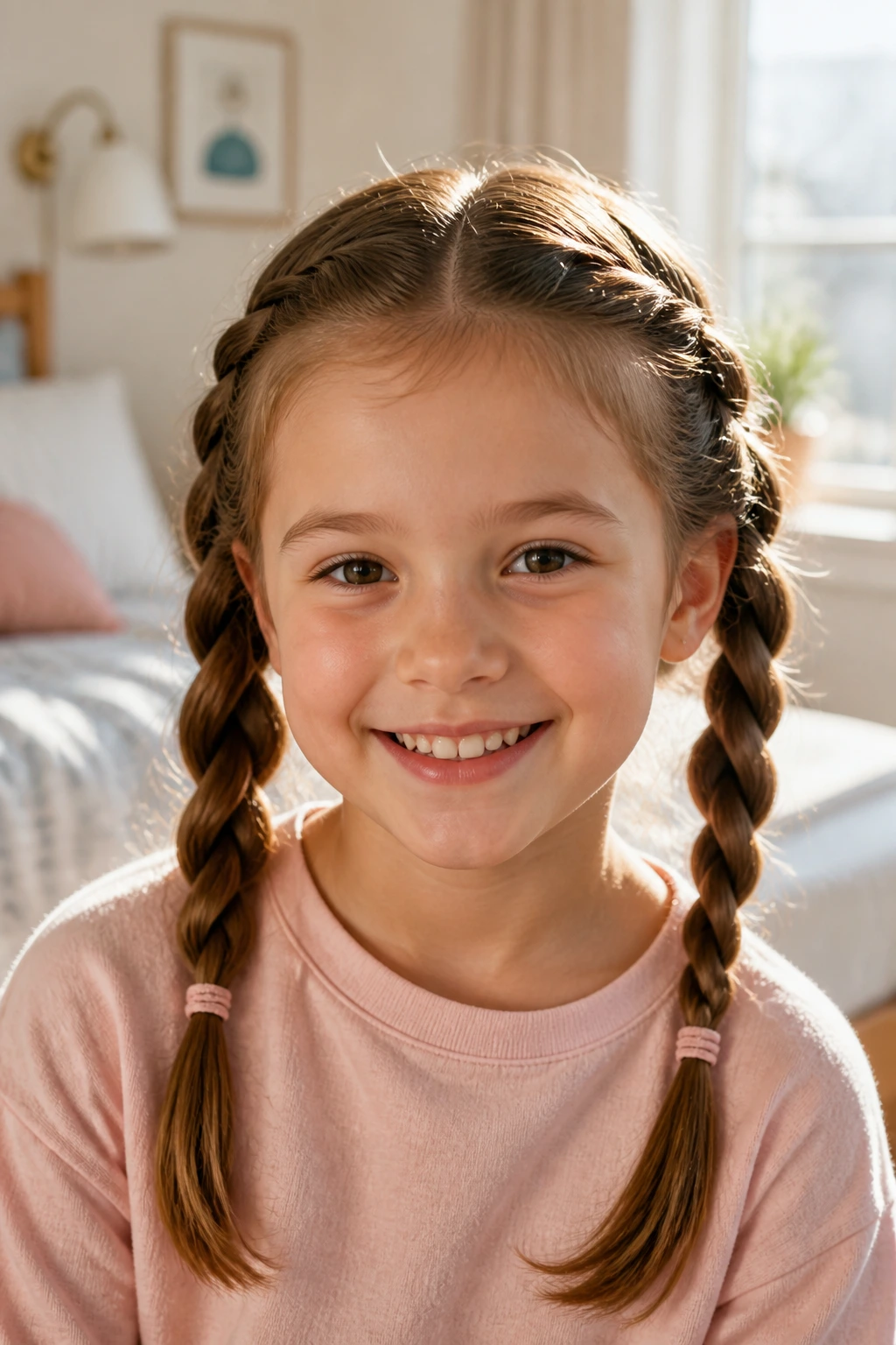 Close-up of a real girl with two twisted pigtails