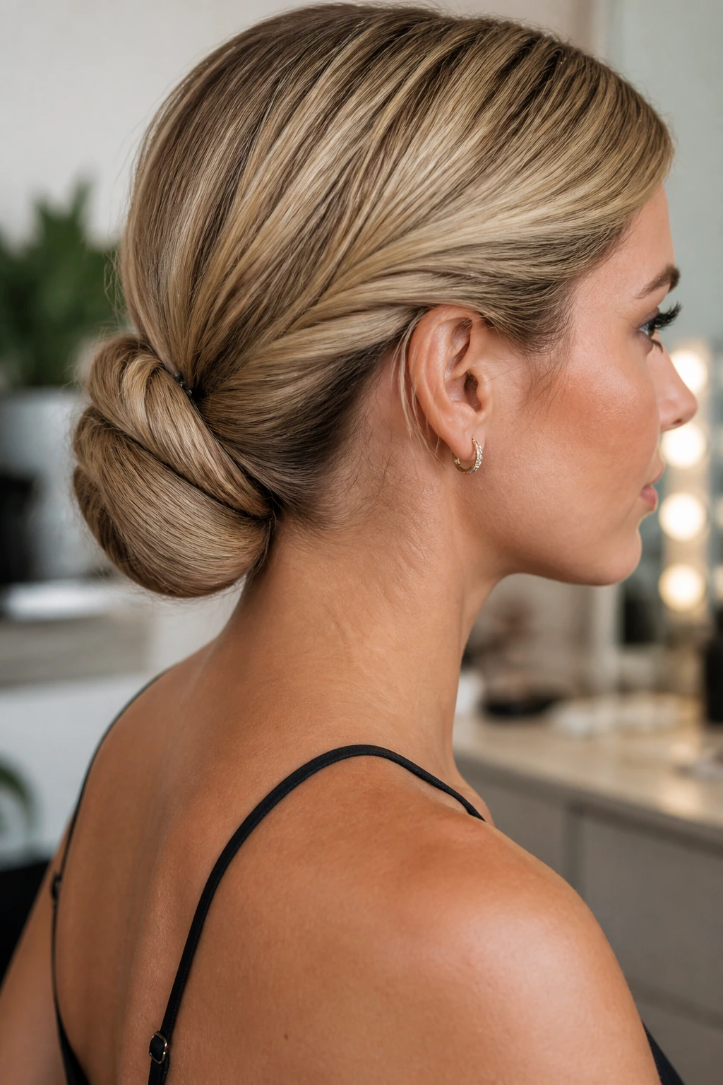 Side-profile of real woman with a twisted pony chignon at the nape