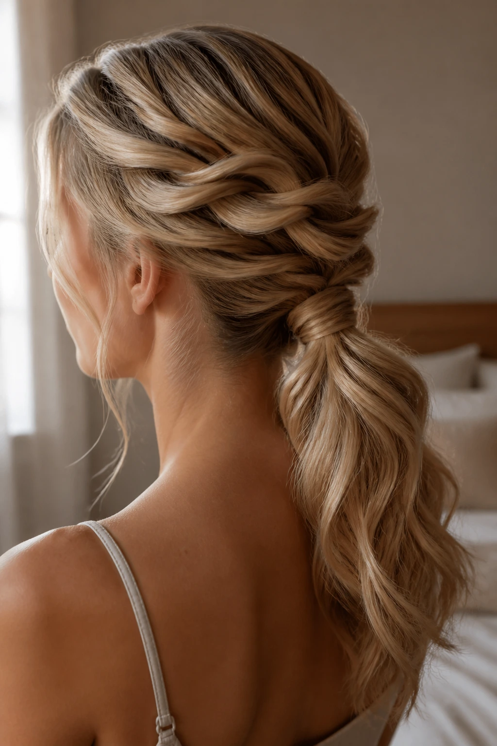 Close-up of cascading twisted ponytail on a real woman with a low ponytail and ribbon-like twists.