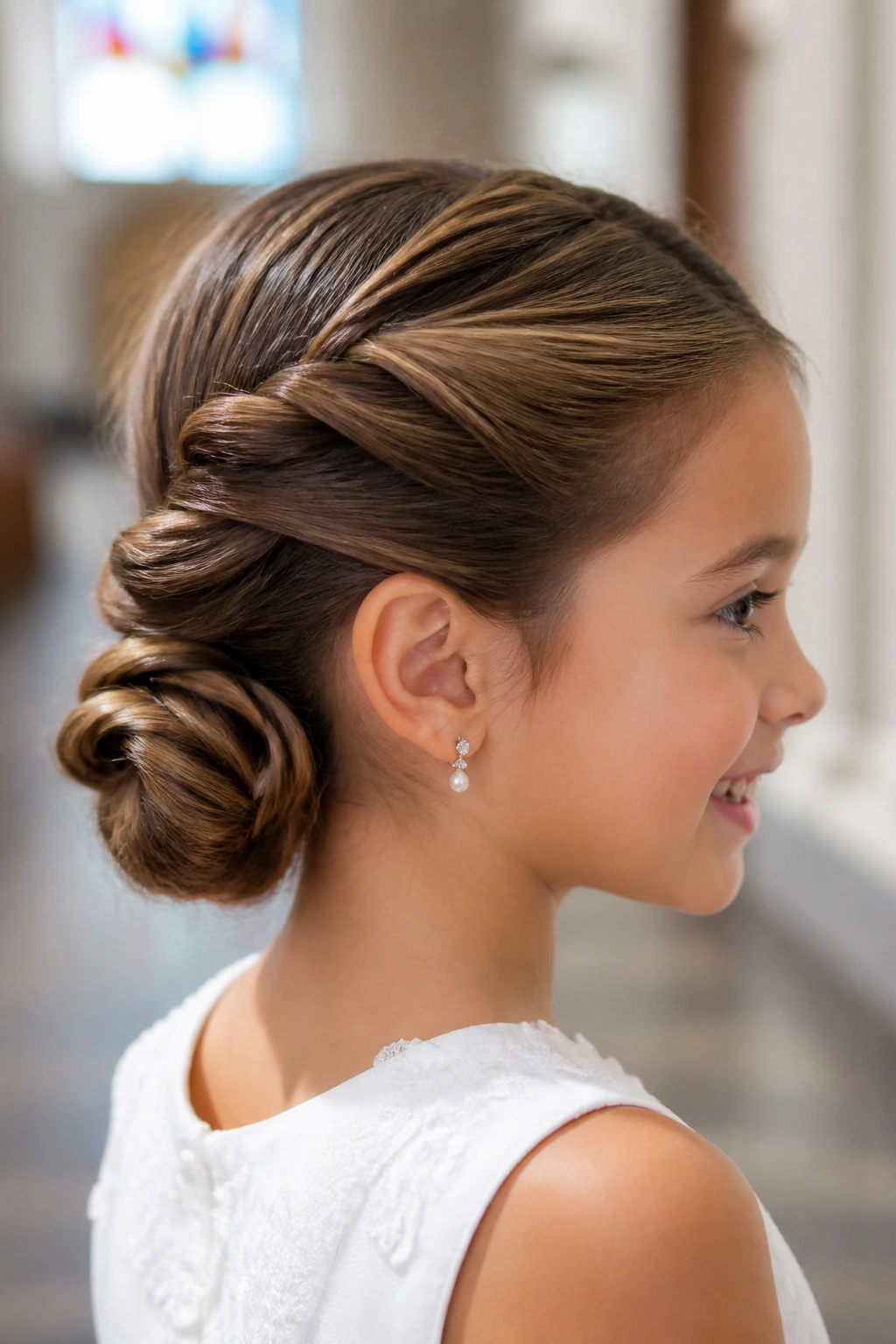 Close-up of a real child with a twisted ponytail chignon in a church corridor.