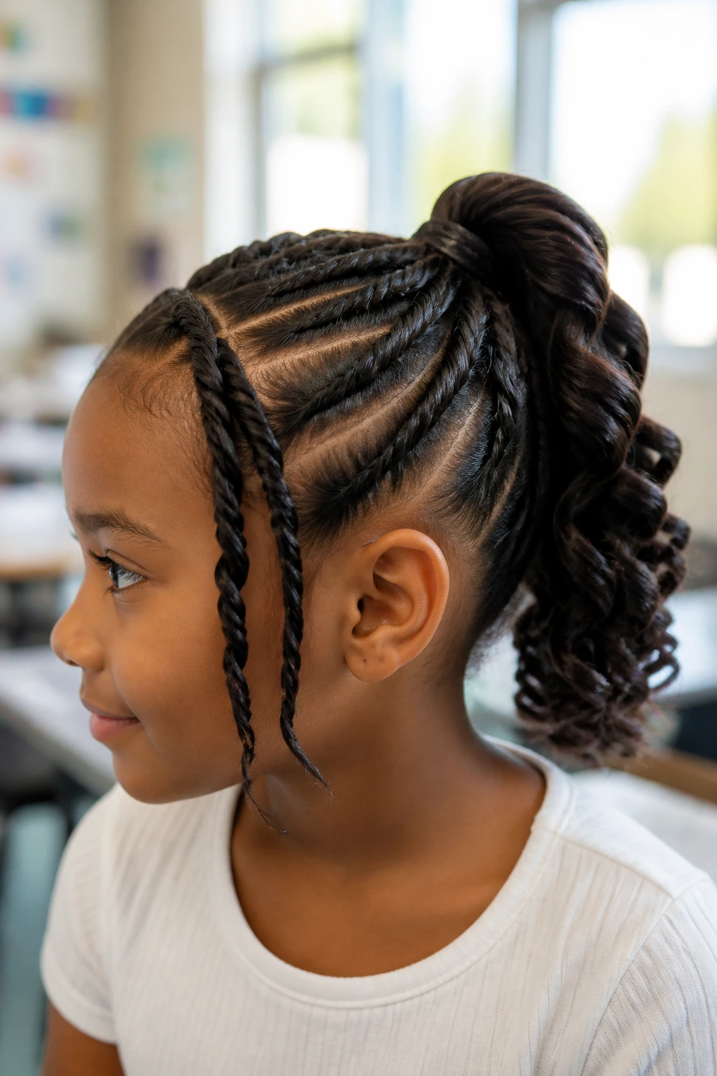 Side-profile of a real child with a twisted ponytail in a bright classroom