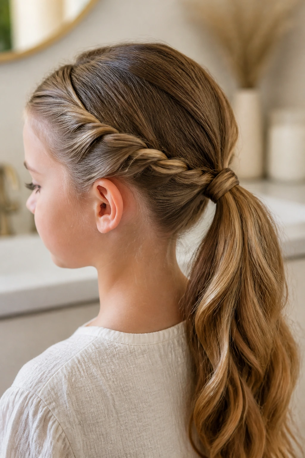 Close-up of a real girl showing an easy twisted ponytail.