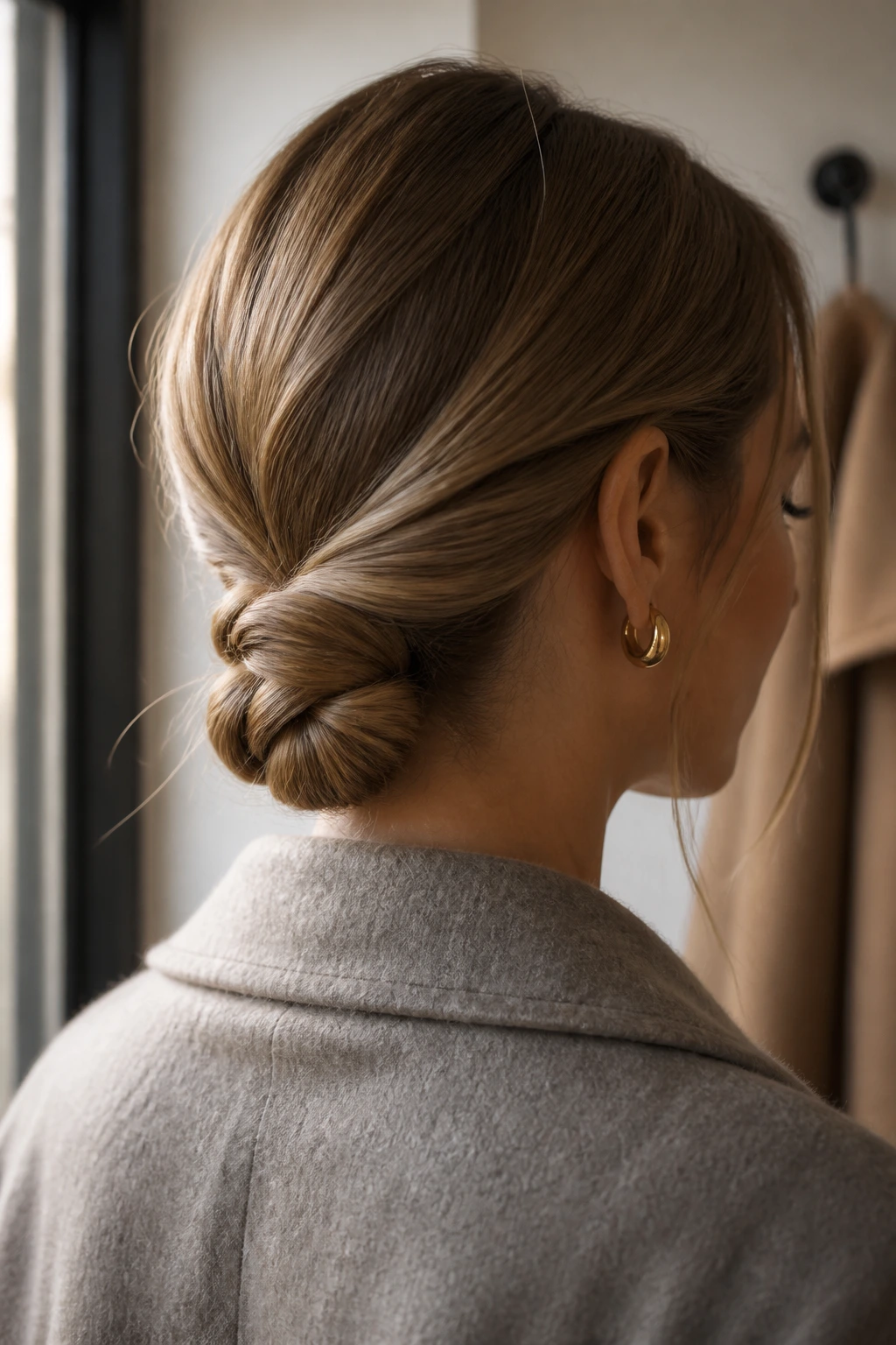 Real woman with twisted low knot ponytail in soft winter light