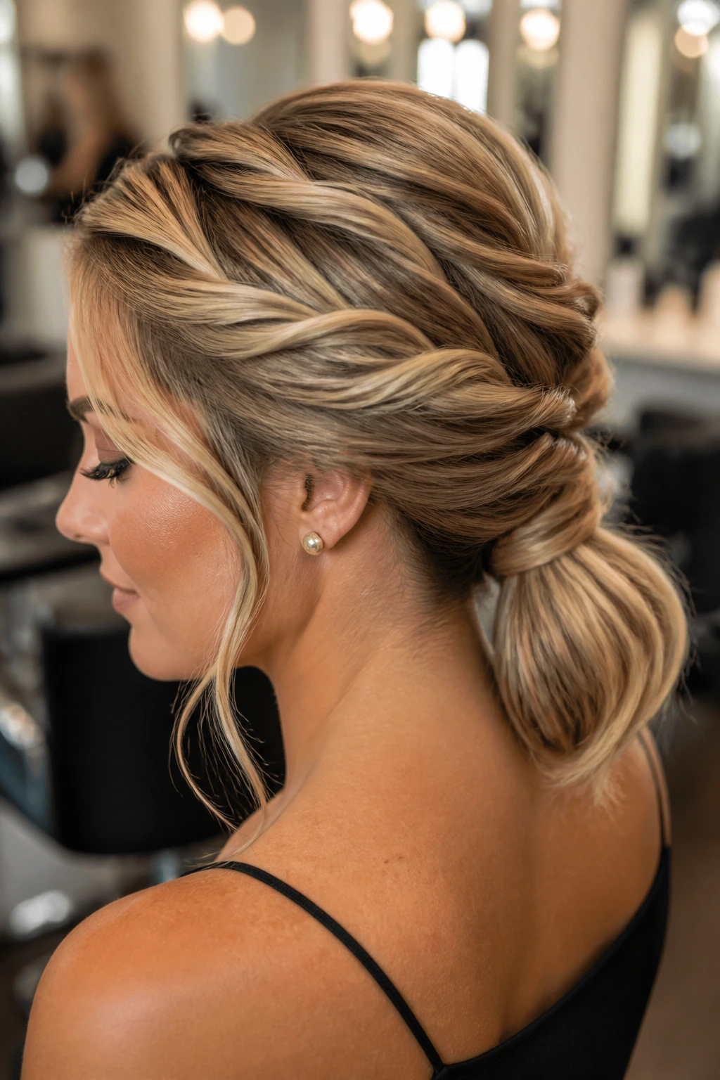 Close up of real woman showing twisted low ponytail updo with polished base in salon.