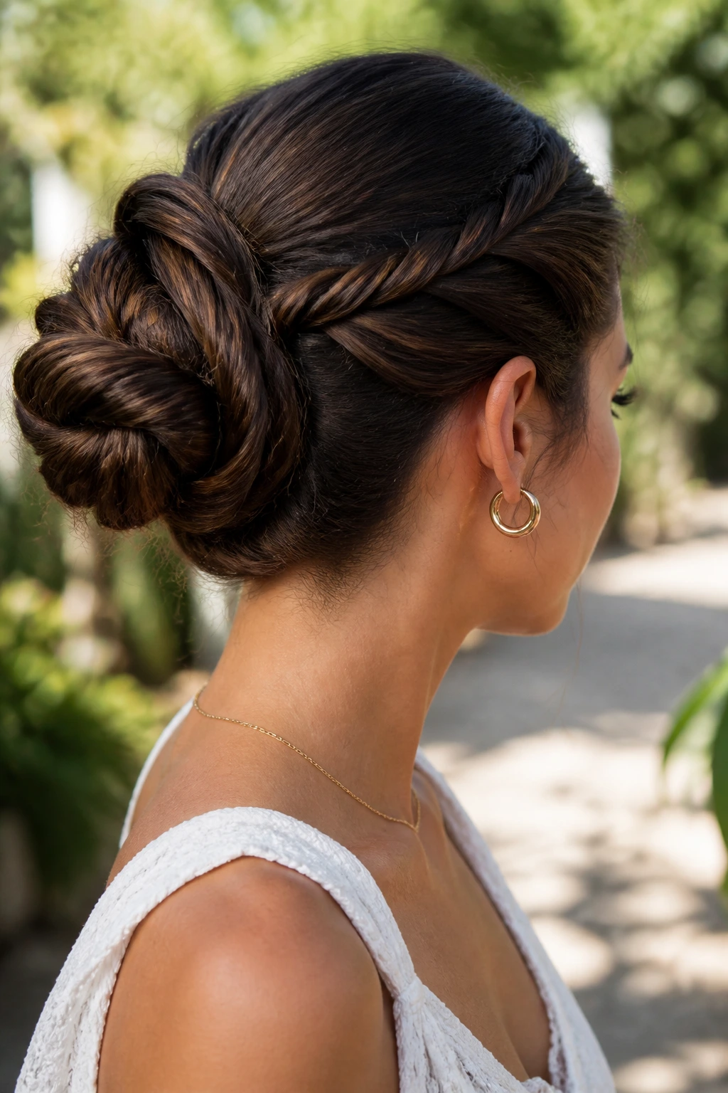 Close-up of a woman with a twisted rope bun.