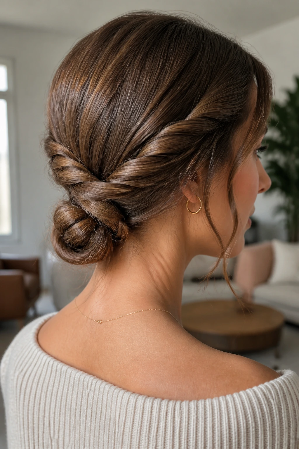 Close-up of a real woman with rope twists forming a bun