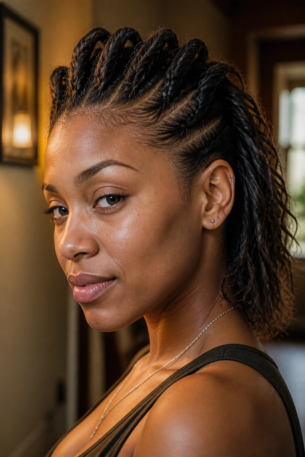 Portrait of a woman with a twisted rope Mohawk on medium-length hair