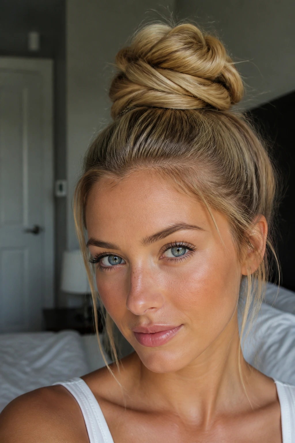 Close-up of a woman with a twisted rope top knot.
