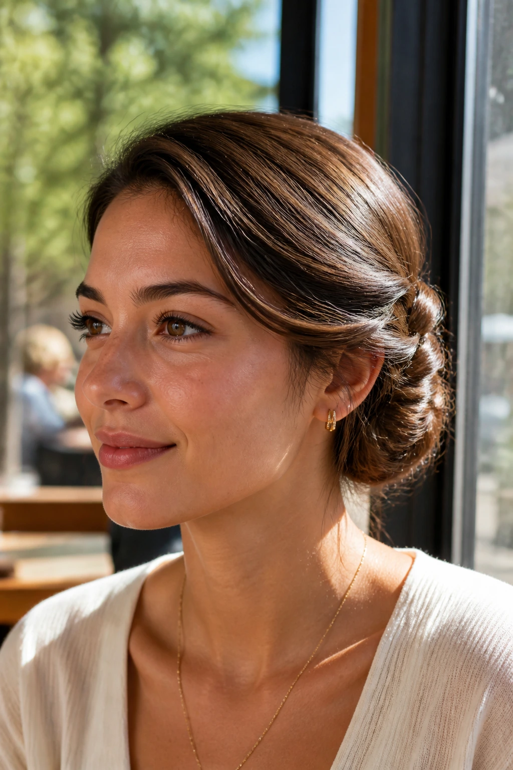 Close-up of a real person with a twisted side bun under natural daylight.