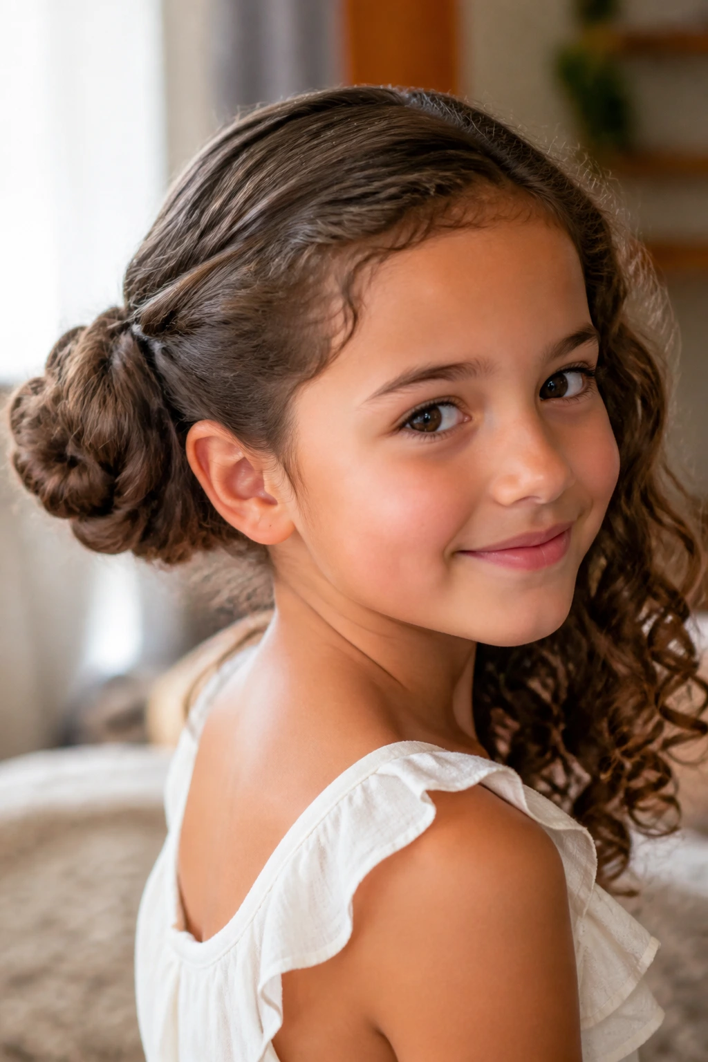 Girl with a twisted side bun and free curls on the other side.