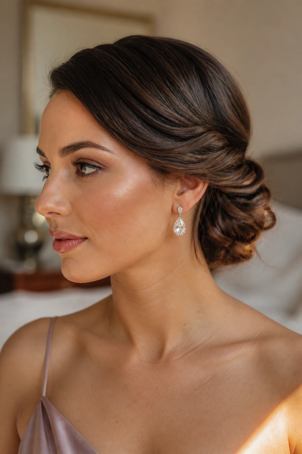 Close-up of a real woman with a twisted side bun near the ear, diagonal balance and sleek/soft contrast in warm light.