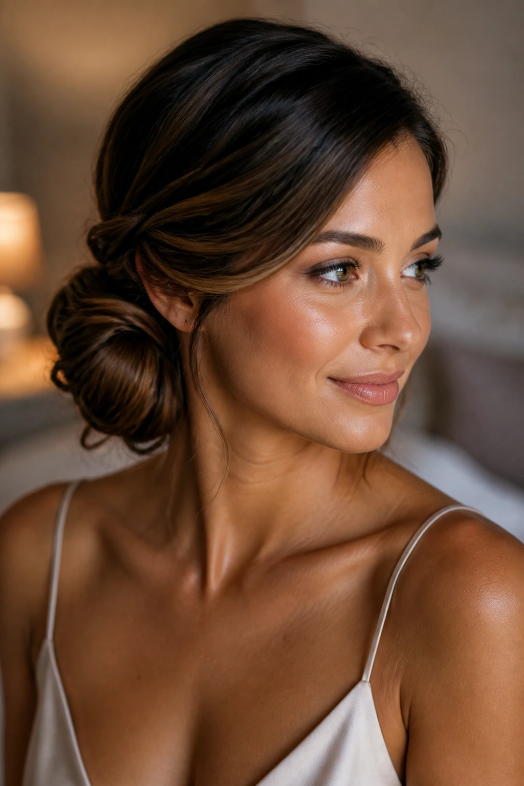 Close-up of a real woman's head with a twisted side chignon off-center