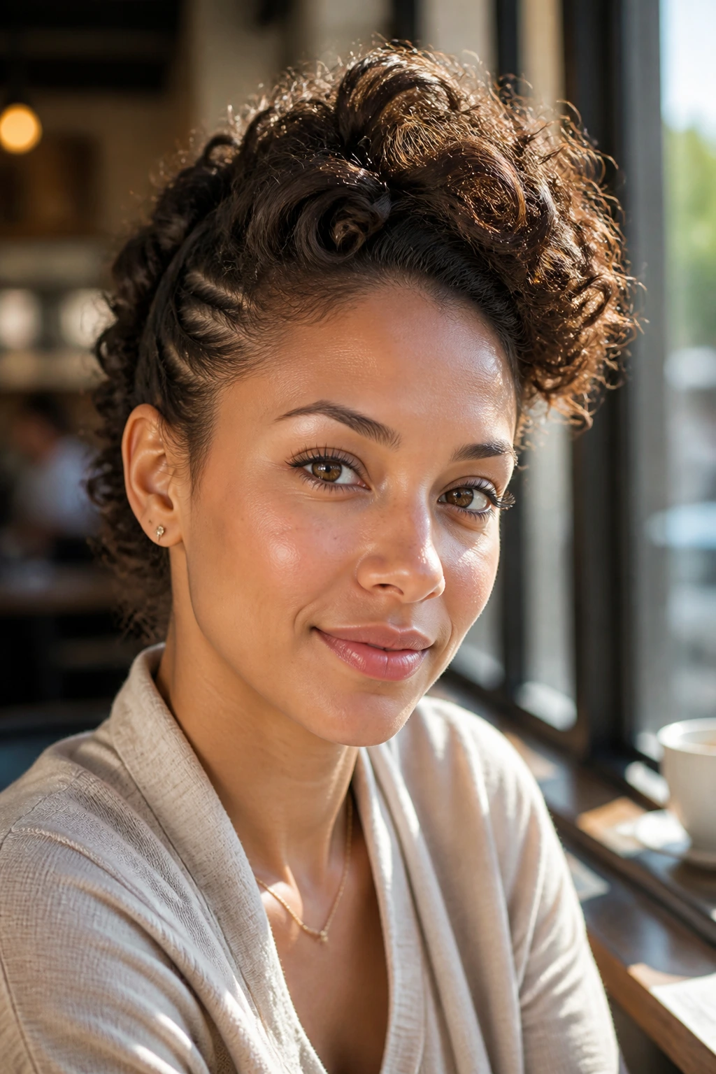 Close-up of a real woman with a twisted side pompadour in cafe window light
