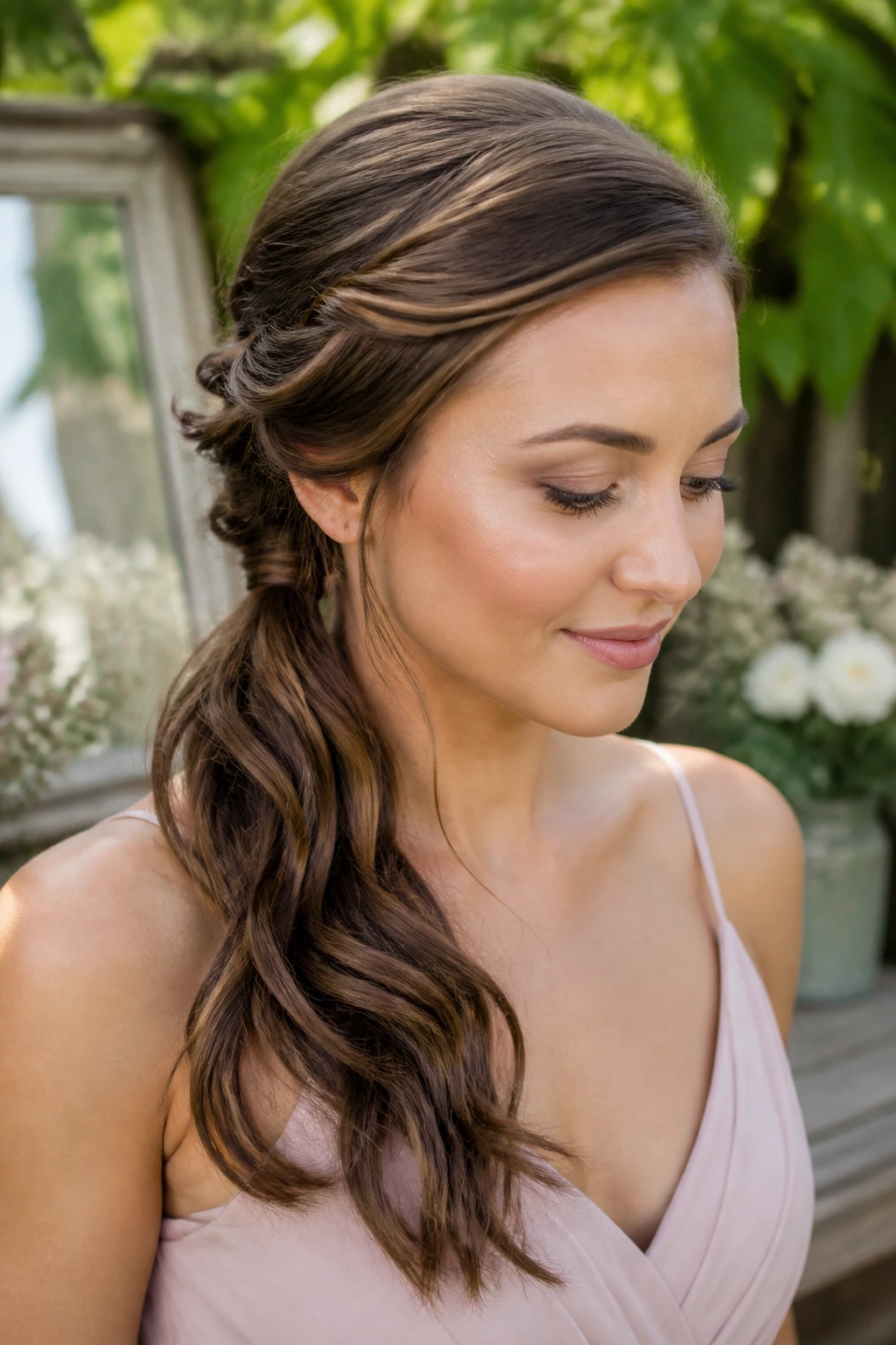 Close-up of a real woman with a twisted side ponytail over one shoulder