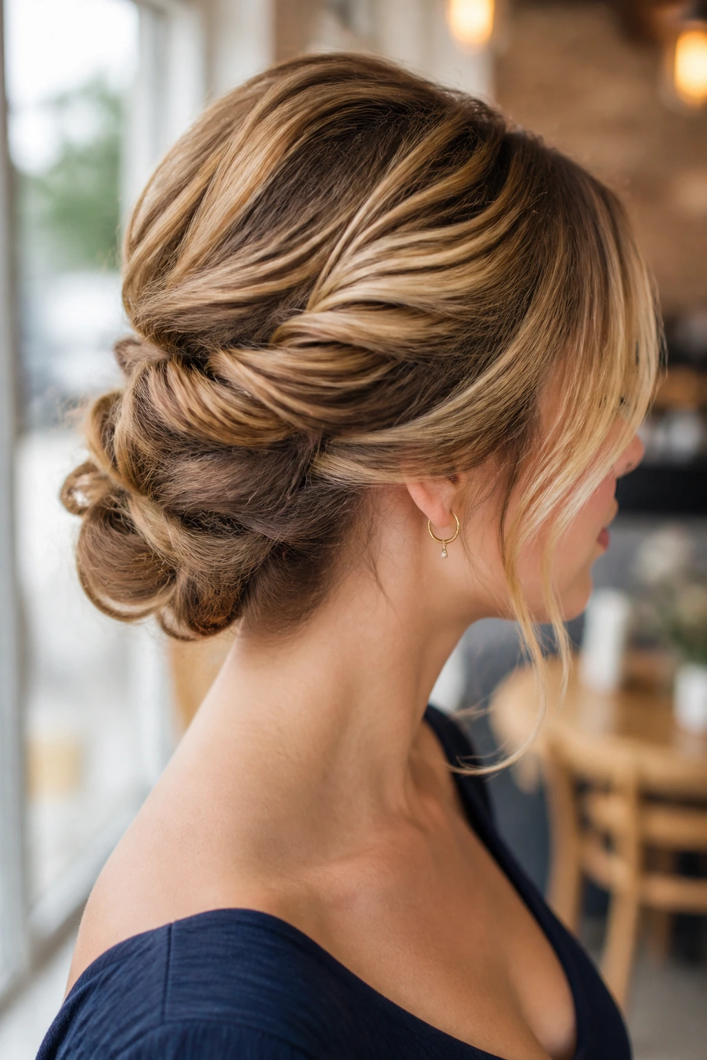 Medium close-up of a real woman with a twisted side updo