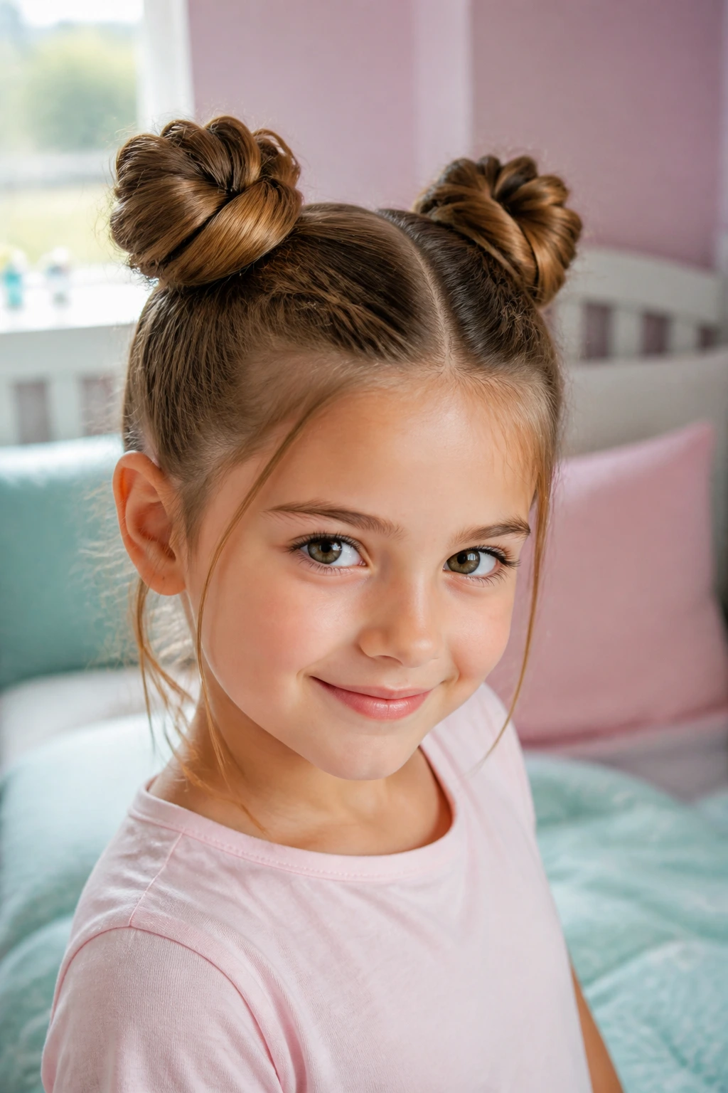 Close-up of a child wearing twisted space buns in a sunlit bedroom